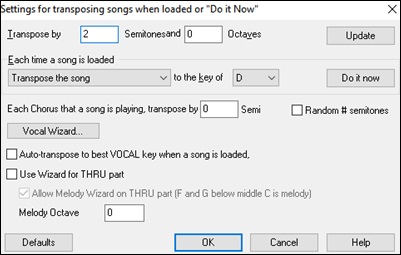 Settings for transposing songs when loaded or “Do it Now” dialog.
